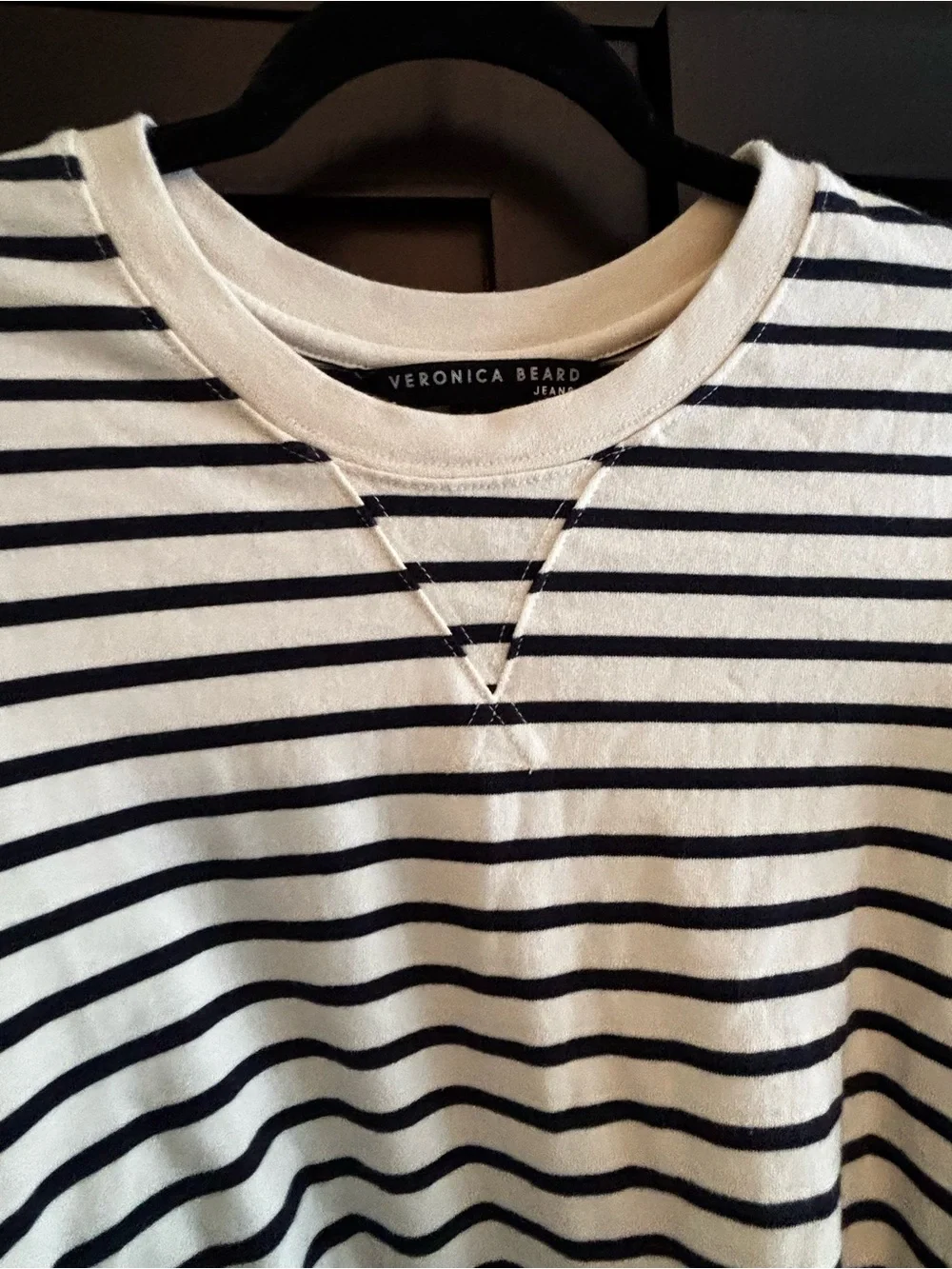 Veronica Beard Cream & Navy Striped Knit Dress with Light Blue Shirt Tie - Picture 5 of 6